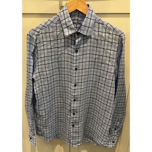 Tasso Elba Mens Small Blue Windowpane Plaid 100% Linen‎ Long Sleeve Button Down